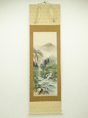 寿山　山水縁起図　肉筆絹本掛軸（保護箱）